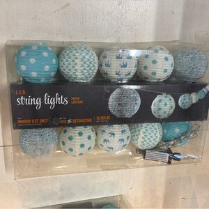 LED String Lights with Blue and White Paper Lanterns